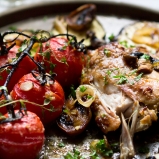 Roasted chicken, vine tomatoes and eggplant with caramelized onions and mushrooms